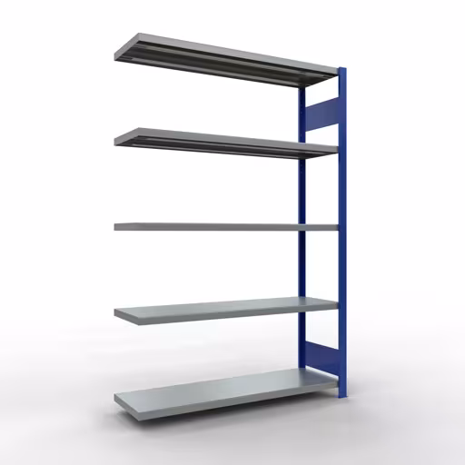Anbauregal, Fachbodenregal Stecksystem MULTIplus250, 2000 x 1300 x 400 mm (HxBxT), 5 Fachböden, Längenriegel, RAL 5010 enzianblau/verzinkt aus der Kategorie Anbauregal mit der Artikelnummer 12945-130-LR-B