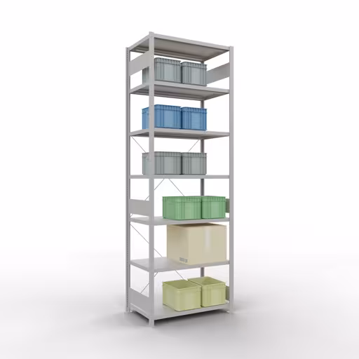 Grundregal, Fachbodenregal Stecksystem MULTIplus250, 3000 x 1000 x 600 mm (HxBxT), 7 Fachböden, Kreuzstrebe, RAL 7035 lichtgrau von Schulte Lagertechnik aus der Kategorie Stecksystem