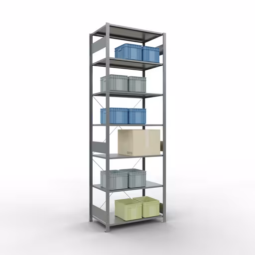 Grundregal, Fachbodenregal Stecksystem MULTIplus85, 3000 x 1000 x 600 mm (HxBxT), 7 Fachböden, Kreuzstrebe, verzinkt aus der Kategorie Grundregal mit der GTIN 4004514202383 Grundregal, Fachbodenregal Stecksystem MULTIplus85, 3000 x 1000 x 600 mm (HxBxT), 7 Fachböden, Kreuzstrebe, verzinkt von der Marke Schulte Lagertechnik aus der Produktreihe Stecksystem