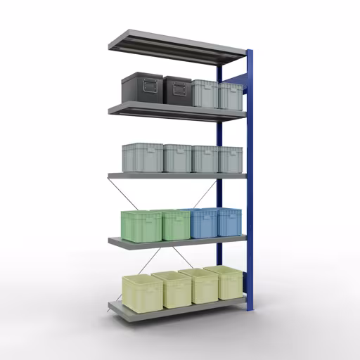 Produktbild Nr.6 des Artikels Anbauregal, Fachbodenregal Stecksystem MULTIplus250, 2000 x 1000 x 400 mm (HxBxT), 5 Fachböden, Kreuzstrebe, RAL 5010 enzianblau/verzinkt aus der Produktreihe Stecksystem von der Marke Schulte Lagertechnik