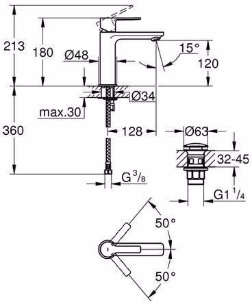 Technische Zeichnung 3990172 GROHE Einhand-Waschtischbatterie Lineare 23106_1 S-Size chrom