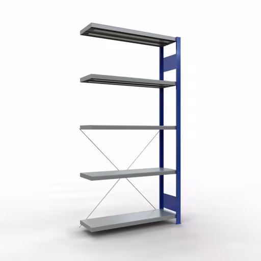 Anbauregal, Fachbodenregal Stecksystem MULTIplus250, 2000 x 1000 x 300 mm (HxBxT), 5 Fachböden, Kreuzstrebe, RAL 5010 enzianblau/verzinkt aus der Kategorie Anbauregal mit der Artikelnummer 12935-B