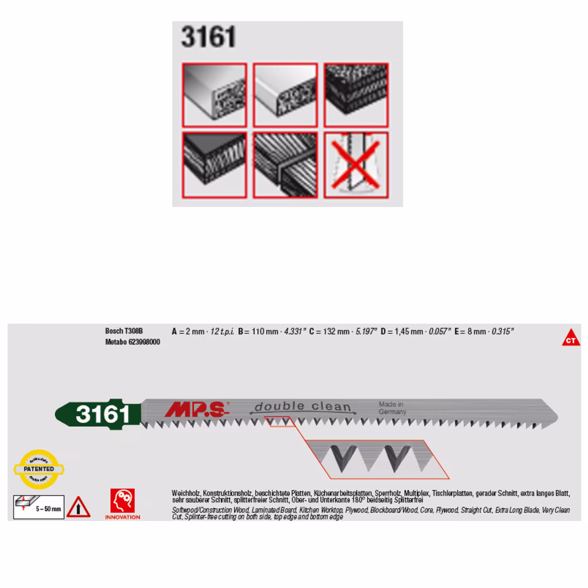 CV-Stichsägeblatt geschliffen, radialverzahnt Gesamtlänge 132/verzahnte Länge 110mm, Zahnteilung 2,0mm von MPS mit der Artikelnr. 3161-5
