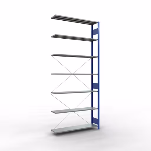 Anbauregal, Fachbodenregal Stecksystem MULTIplus150, 3000 x 1300 x 300 mm (HxBxT), 7 Fachböden, Kreuzstrebe, RAL 5010 enzianblau/verzinkt aus der Kategorie Anbauregal mit der Artikelnummer 12737-130-B