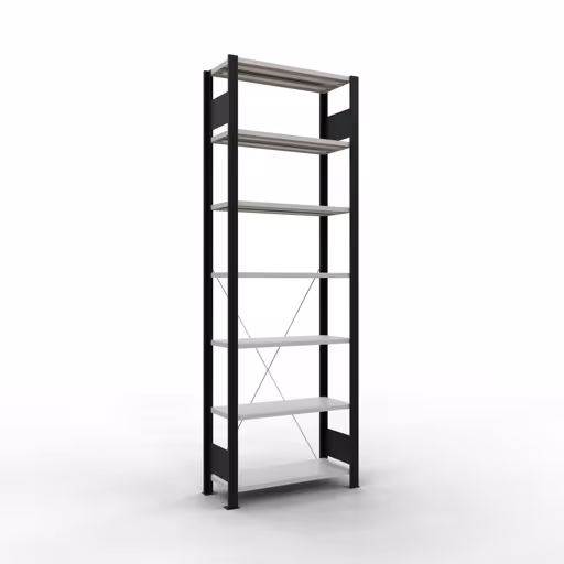 Grundregal, Büro-Fachbodenregal Stecksystem MULTIplus85, 2300 x 750 x 300 mm (HxBxT), 7 Fachböden, Kreuzstrebe, ohne Anschlagleiste, schwarz/lichtgrau von der Marke Schulte Lagertechnik Grundregal, Büro-Fachbodenregal Stecksystem MULTIplus85, 2300 x 750 x 300 mm (HxBxT), 7 Fachböden, Kreuzstrebe, ohne Anschlagleiste, schwarz/lichtgrau aus der Kategorie Stecksystem mit der Artikelnummer 36030-S