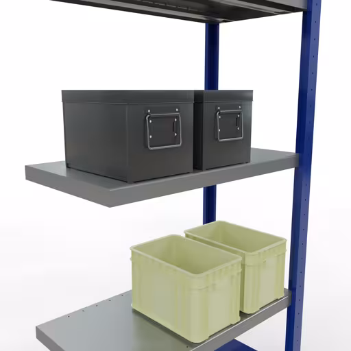 Anbauregal, Fachbodenregal Stecksystem MULTIplus250, 2000 x 750 x 400 mm (HxBxT), 5 Fachböden, Längenriegel, RAL 5010 enzianblau/verzinkt/verzinkt von Schulte Lagertechnik aus der Kategorie Stecksystem