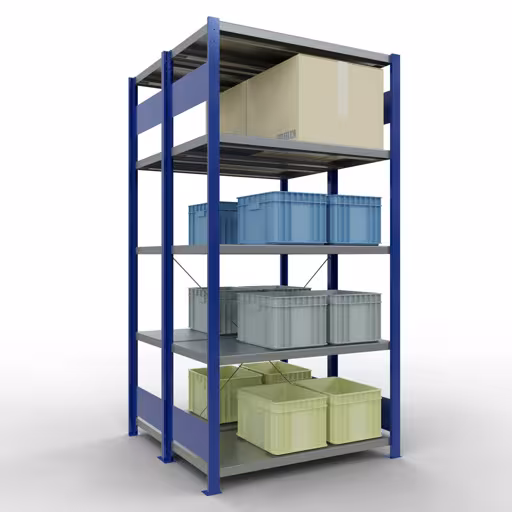 Grundregal, Doppelregal, Fachbodenregal Stecksystem MULTIplus250, 2000 x 1000 x (2x500) mm (HxBxT), 2x5 Fachböden, Kreuzstrebe, RAL 5010 enzianblau von Schulte Lagertechnik mit der Artikelnr. 32150-G-B