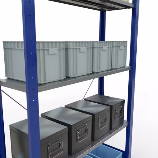 Andere Ansicht des Artikels Grundregal, Fachbodenregal Stecksystem MULTIplus150, 2000 x 1000 x 300 mm (HxBxT), 5 Fachböden, Kreuzstrebe, RAL 5010/verzinkt Andere Ansicht des Artikels Grundregal, Fachbodenregal Stecksystem MULTIplus150, 2000 x 1000 x 300 mm (HxBxT), 5 Fachböden, Kreuzstrebe, RAL 5010/verzinkt aus der Kategorie Stecksystem