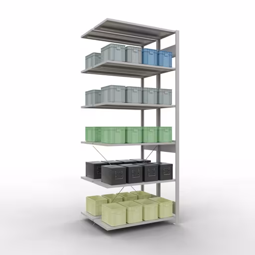 Abbildung Nr 9 des Artikels Anbauregal, Doppelregal, Fachbodenregal Stecksystem MULTIplus150, 2500 x 1000 x (2x400) mm (HxBxT), 2x6 Fachböden, Kreuzstrebe, RAL 7035 lichtgrau aus der Produktgruppe Fachbodenregale von der Marke Schulte Lagertechnik