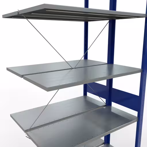 Produktbild Nr.6 des Artikels Anbauregal, Doppelregal, Fachbodenregal Stecksystem MULTIplus150, 3000 x 1000 x (2x800) mm (HxBxT), 2x7 Fachböden, Kreuzstrebe, RAL 5010 enzianblau aus der Produktreihe Fachbodenregale von der Marke Schulte Lagertechnik