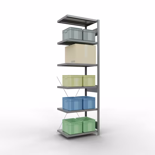 Abbildung Nr 11 des Artikels Anbauregal, Fachbodenregal Stecksystem MULTIplus250, 2500 x 750 x 500 mm (HxBxT), 6 Fachböden, Kreuzstrebe, verzinkt aus der Produktgruppe Stecksystem von der Marke Schulte Lagertechnik