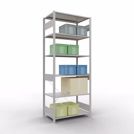 Produktbild Nr 14 des Artikels Grundregal, Fachbodenregal Stecksystem MULTIplus150, 2500 x 1000 x 600 mm (HxBxT), 6 Fachböden, Kreuzstrebe, RAL 7035 lichtgrau Abbildung Nr 14 des Artikels Grundregal, Fachbodenregal Stecksystem MULTIplus150, 2500 x 1000 x 600 mm (HxBxT), 6 Fachböden, Kreuzstrebe, RAL 7035 lichtgrau aus der Produktgruppe Stecksystem von der Marke Schulte Lagertechnik