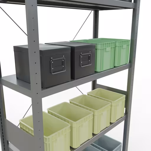 Andere Ansicht des Artikels Grundregal, Fachbodenregal Stecksystem MULTIplus250, 3000 x 1000 x 400 mm (HxBxT), 7 Fachböden, Kreuzstrebe, verzinkt aus der Kategorie Stecksystem
