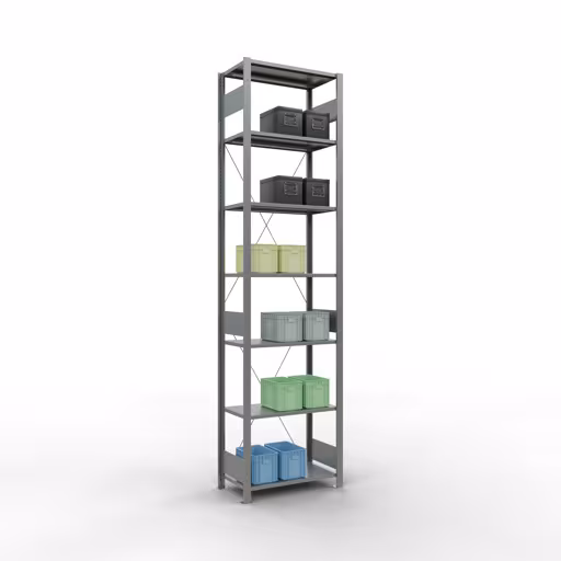 Grundregal, Fachbodenregal Stecksystem MULTIplus150, 3000 x 750 x 400 mm (HxBxT), 7 Fachböden, Kreuzstrebe, verzinkt von Schulte Lagertechnik mit der Artikelnr. 12742-75