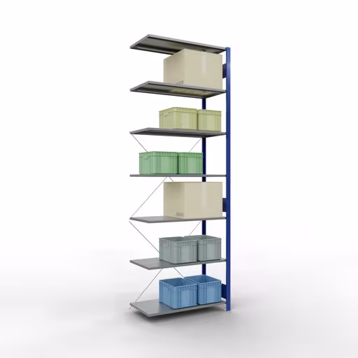 Abbildung Nr 11 des Artikels Anbauregal, Fachbodenregal Stecksystem MULTIplus85, 3000 x 1000 x 500 mm (HxBxT), 7 Fachböden, Kreuzstrebe, RAL 5010 enzianblau aus der Produktgruppe Stecksystem von der Marke Schulte Lagertechnik