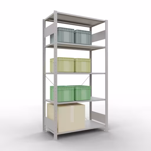 Abbildung Nr 14 des Artikels Grundregal, Fachbodenregal Stecksystem MULTIplus150, 2000 x 1000 x 500 mm (HxBxT), 5 Fachböden, Kreuzstrebe, RAL 7035 lichtgrau aus der Produktgruppe Stecksystem von der Marke Schulte Lagertechnik