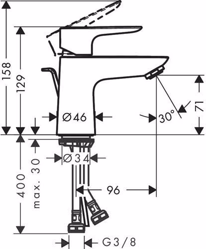 Technische Zeichnung 4068947 Hansgrohe Einhebel-Waschtischmischer TALIS E 80 Nennweite 15 mit Ablaufgarnitur G 1 1/4 Zoll chrom