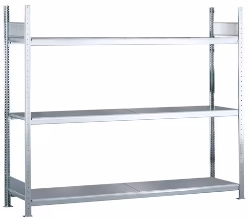 Grundregal, Weitspannregal WS 2000 mit Stahlböden, 2000 x 1500 x 500 mm (HxBxT), verzinkt, 3 Ebenen, Fachlast 400 kg, Feldlast 1.200 kg aus der Kategorie WS2000 für Fachlasten bis 400kg mit der Artikelnummer 15502