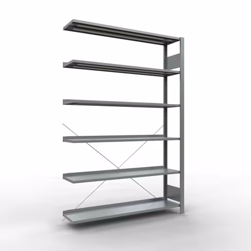 Anbauregal, Büro-Fachbodenregal Stecksystem MULTIplus85, 2000 x 1300 x 300 mm (HxBxT), 6 Fachböden, Kreuzstrebe, verzinkt, mit Anschlagleiste aus der Kategorie Stecksystem mit der Artikelnummer 17711