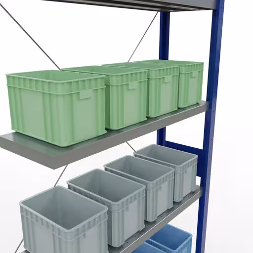 Abbildung Nr 14 des Artikels Anbauregal, Fachbodenregal Stecksystem MULTIplus330, 3000 x 1000 x 300 mm (HxBxT), 7 Fachböden, Kreuzstrebe, RAL 5010 enzianblau/verzinkt aus der Produktgruppe Stecksystem von der Marke Schulte Lagertechnik