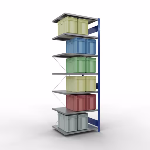 Abbildung Nr 8 des Artikels Anbauregal, Fachbodenregal Stecksystem MULTIplus330, 3000 x 1000 x 800 mm (HxBxT), 7 Fachböden, Kreuzstrebe, RAL 5010 enzianblau/verzinkt aus der Produktgruppe Stecksystem von der Marke Schulte Lagertechnik