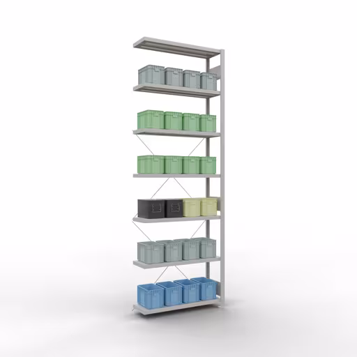 Abbildung Nr 15 des Artikels Anbauregal, Fachbodenregal Stecksystem MULTIplus330, 3000 x 1000 x 300 mm (HxBxT), 7 Fachböden, Kreuzstrebe, RAL 7035 lichtgrau aus der Produktgruppe Stecksystem von der Marke Schulte Lagertechnik