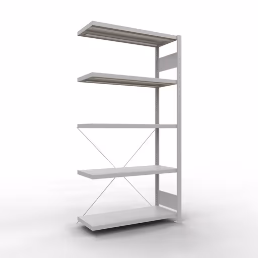 Anbauregal, Fachbodenregal Stecksystem MULTIplus250, 2000 x 1000 x 400 mm (HxBxT), 5 Fachböden, Kreuzstrebe, RAL 7035 lichtgrau aus der Kategorie Anbauregal mit der Artikelnummer 32845