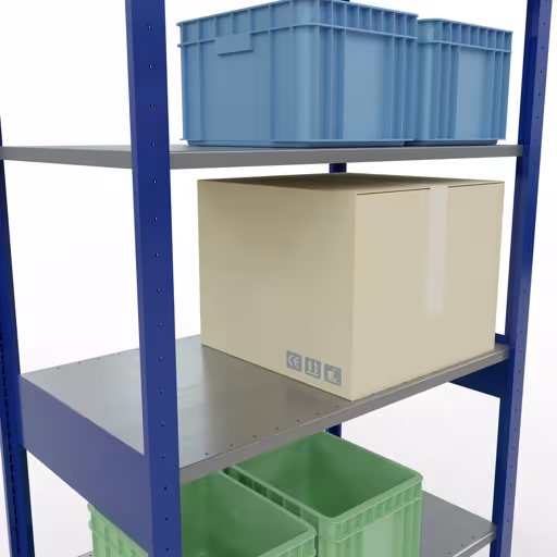 Zusatzbild des Artikels Grundregal, Fachbodenregal Stecksystem MULTIplus85, 2500 x 1000 x 600 mm (HxBxT), 6 Fachböden, Kreuzstrebe, RAL 5010 enzianblau aus Grundregal