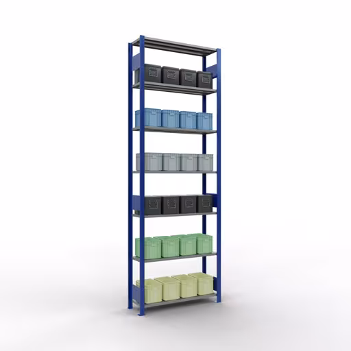 Grundregal, Fachbodenregal Stecksystem MULTIplus150, 3000 x 1000 x 300 mm (HxBxT), 7 Fachböden, Längenriegel, RAL 5010 enzianblau/verzinkt von Schulte Lagertechnik mit der Artikelnr. 12732-LR-B