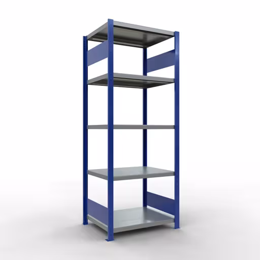 Grundregal, Fachbodenregal Stecksystem MULTIplus250, 2000 x 750 x 600 mm (HxBxT), 5 Fachböden, Längenriegel, RAL 5010 enzianblau/verzinkt/verzinkt aus der Kategorie Grundregal mit der Artikelnummer 12960-75-LR-B
