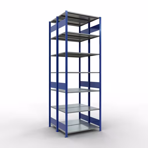 Grundregal, Doppelregal, Fachbodenregal Stecksystem MULTIplus150, 3000 x 1000 x (2x500) mm (HxBxT), 2x7 Fachböden, Längenriegel, RAL 5010 enzianblau aus der Kategorie Doppelregale mit der Artikelnummer 33152-B