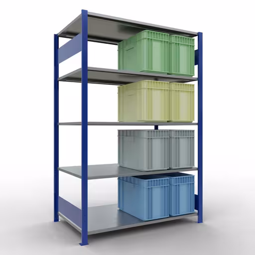 Andere Ansicht des Artikels Grundregal, Fachbodenregal Stecksystem MULTIplus150, 2000 x 1300 x 800 mm (HxBxT), 5 Fachböden, Längenriegel, RAL 5010 enzianblau/verzinkt aus der Kategorie Grundregal
