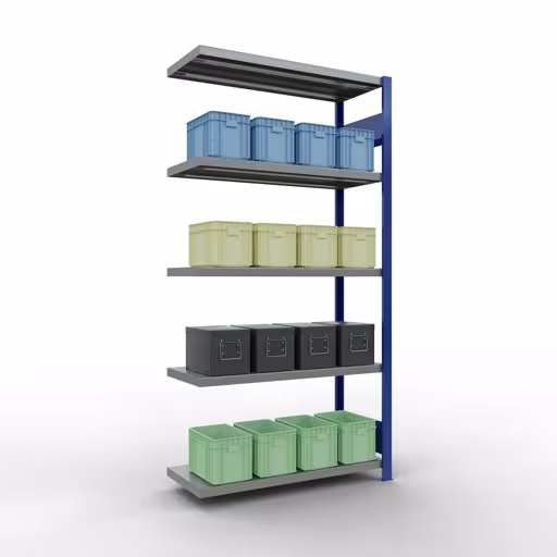 Anbauregal, Fachbodenregal Stecksystem MULTIplus250, 2000 x 1000 x 400 mm (HxBxT), 5 Fachböden, Längenriegel, RAL 5010 enzianblau/verzinkt von der Marke Schulte Lagertechnik aus der Produktreihe Stecksystem