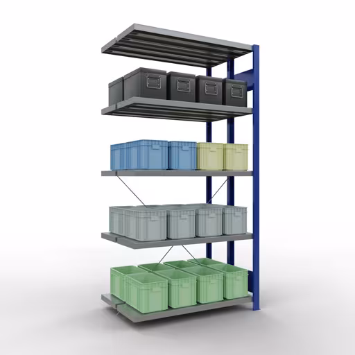 Abbildung Nr 16 des Artikels Anbauregal, Doppelregal, Fachbodenregal Stecksystem MULTIplus250, 2000 x 1000 x (2x300) mm (HxBxT), 2x5 Fachböden, Kreuzstrebe, RAL 5010 enzianblau aus der Produktgruppe Fachbodenregale von der Marke Schulte Lagertechnik