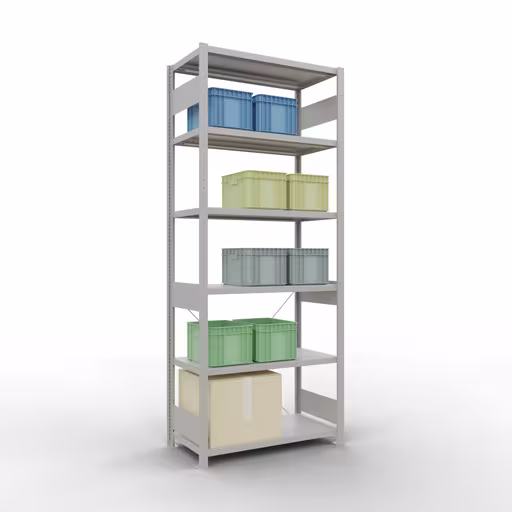 Abbildung Nr 10 des Artikels Grundregal, Fachbodenregal Stecksystem MULTIplus330, 2500 x 1000 x 500 mm (HxBxT), 6 Fachböden, Kreuzstrebe, RAL 7035 lichtgrau aus der Produktgruppe Stecksystem von der Marke Schulte Lagertechnik