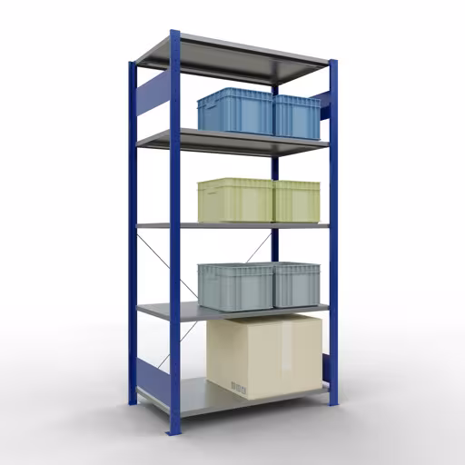 Andere Ansicht des Artikels Grundregal, Fachbodenregal Stecksystem MULTIplus150, 2000 x 1000 x 600 mm (HxBxT), 5 Fachböden, Kreuzstrebe, RAL 5010/verzinkt aus der Kategorie Stecksystem