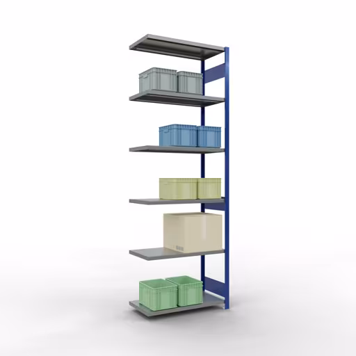 Abbildung Nr 14 des Artikels Anbauregal, Fachbodenregal Stecksystem MULTIplus250, 3000 x 1000 x 500 mm (HxBxT), 7 Fachböden, Längenriegel, RAL 5010 enzianblau/verzinkt aus der Produktgruppe Stecksystem von der Marke Schulte Lagertechnik