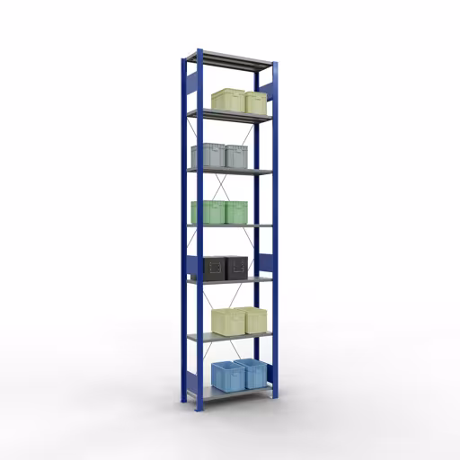 Andere Ansicht des Artikels Grundregal, Fachbodenregal Stecksystem MULTIplus150, 3000 x 750 x 300 mm (HxBxT), 7 Fachböden, Kreuzstrebe, RAL 5010 enzianblau/verzinkt/verzinkt aus der Kategorie Stecksystem