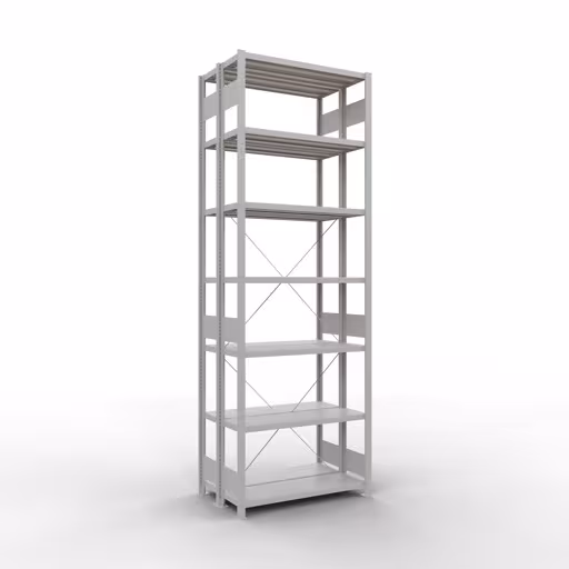 Grundregal, Doppelregal, Fachbodenregal Stecksystem MULTIplus250, 3000 x 1000 x (2x300) mm (HxBxT), 2x7 Fachböden, Kreuzstrebe, RAL 7035 lichtgrau aus der Kategorie Doppelregale mit der Artikelnummer 32132-G