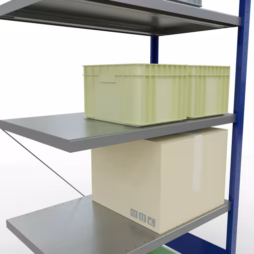 Abbildung Nr 8 des Artikels Anbauregal, Fachbodenregal Stecksystem MULTIplus330, 2000 x 1000 x 600 mm (HxBxT), 5 Fachböden, Kreuzstrebe, RAL 5010 enzianblau/verzinkt aus der Produktgruppe Stecksystem von der Marke Schulte Lagertechnik