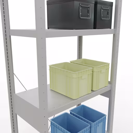 Zusatzbild des Artikels Grundregal, Fachbodenregal Stecksystem MULTIplus250, 2500 x 750 x 400 mm (HxBxT), 6 Fachböden, Kreuzstrebe, RAL 7035 lichtgrau aus Grundregal