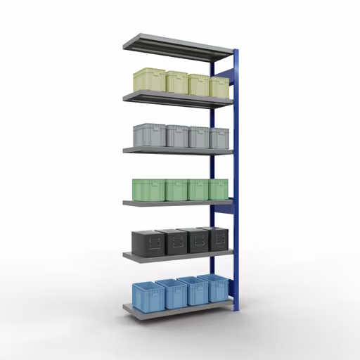 Abbildung Nr 13 des Artikels Anbauregal, Fachbodenregal Stecksystem MULTIplus330, 2500 x 1000 x 400 mm (HxBxT), 6 Fachböden, Längenriegel, RAL 5010 enzianblau/verzinkt aus der Produktgruppe Stecksystem von der Marke Schulte Lagertechnik
