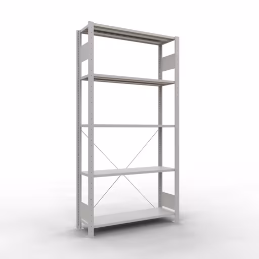 Grundregal, Fachbodenregal Stecksystem MULTIplus150, 2000 x 1000 x 300 mm (HxBxT), 5 Fachböden, Kreuzstrebe, RAL 7035 lichtgrau aus der Kategorie Grundregal mit der Artikelnummer 32630