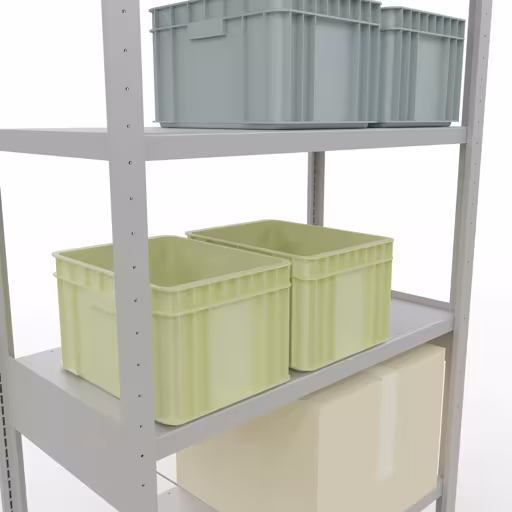 Andere Ansicht des Artikels Grundregal, Fachbodenregal Stecksystem MULTIplus250, 2500 x 1000 x 500 mm (HxBxT), 6 Fachböden, Kreuzstrebe, RAL 7035 lichtgrau aus der Kategorie Stecksystem