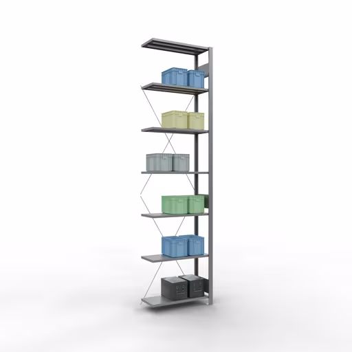Andere Ansicht des Artikels Anbauregal, Fachbodenregal Stecksystem MULTIplus150, 3000 x 750 x 300 mm (HxBxT), 7 Fachböden, Kreuzstrebe, verzinkt aus der Kategorie Stecksystem