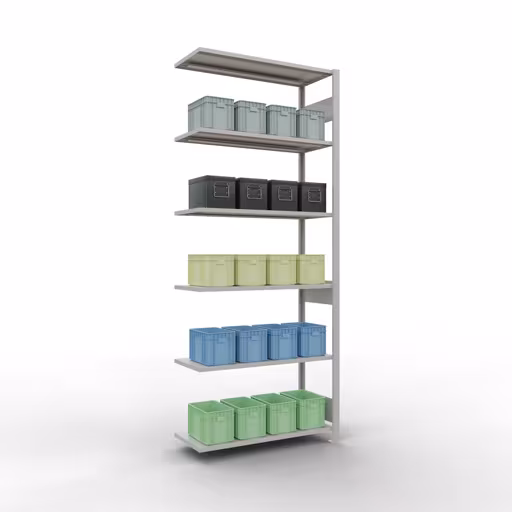 Zusatzbild des Artikels Anbauregal, Fachbodenregal Stecksystem MULTIplus150, 2500 x 1000 x 400 mm (HxBxT), 6 Fachböden, Längenriegel, RAL 7035 lichtgrau aus Anbauregal