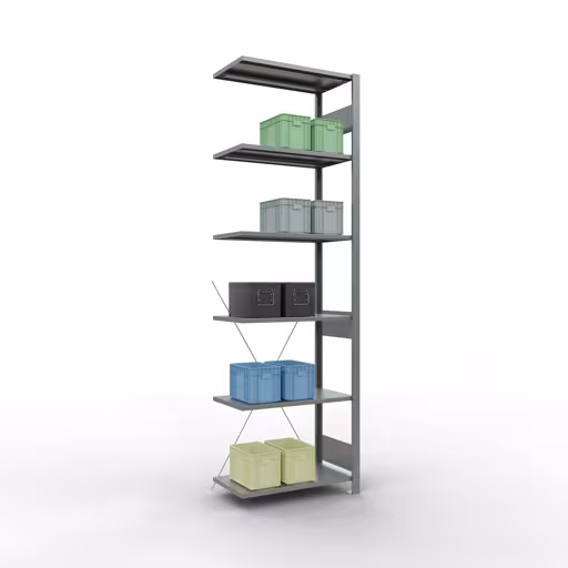Zusatzbild des Artikels Anbauregal, Fachbodenregal Stecksystem MULTIplus150, 2500 x 750 x 400 mm (HxBxT), 6 Fachböden, Kreuzstrebe, verzinkt aus Anbauregal