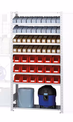 Grundregal, Regalmodul M5, 2000 x 1000 x 500 mm, RAL 7035 lichtgrau/verzinkt, 7 schräge MULTIplus150-Fachböden, 2 gerade MULTIplus150-Fachböden aus der Kategorie Grundregal mit der Artikelnummer 12750-M5