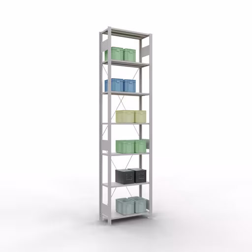 Produktbild Nr.14 des Artikels Grundregal, Fachbodenregal Stecksystem MULTIplus150, 3000 x 750 x 300 mm (HxBxT), 7 Fachböden, Kreuzstrebe, RAL 7035 lichtgrau aus der Produktreihe Stecksystem von der Marke Schulte Lagertechnik