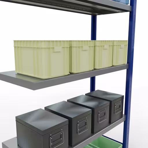 Abbildung Nr 8 des Artikels Anbauregal, Fachbodenregal Stecksystem MULTIplus250, 2000 x 1000 x 400 mm (HxBxT), 5 Fachböden, Längenriegel, RAL 5010 enzianblau/verzinkt aus der Produktgruppe Stecksystem von der Marke Schulte Lagertechnik